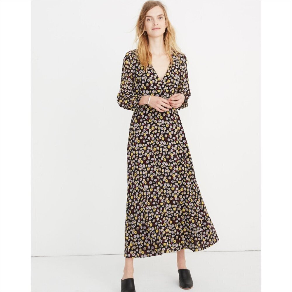 Madewell Wrap front maxi dress black floral boho chiffon dark flowy Small